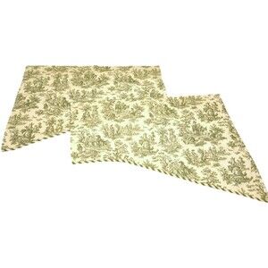 Waverly Rod Pocket Valance Curtains Green Toile Pastoral Print Striped Edging